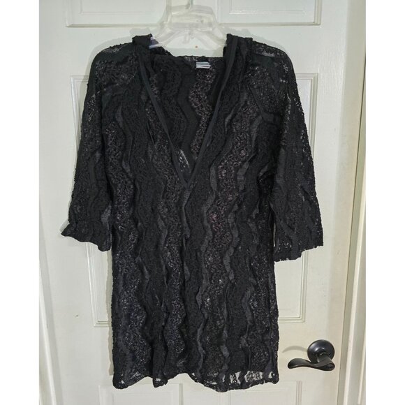 Dream Beach Womens Black Floral Lace‎ Swimsuit Cover Up Short Sleeve Hooded Sz M - Picture 3 of 11
